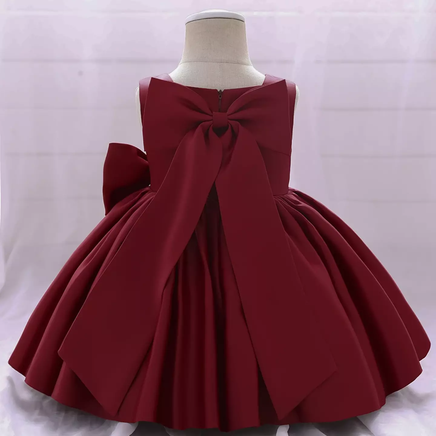 Tina Maroon Satin Bow Knee Length Party Dress for Baby Girls & Girls