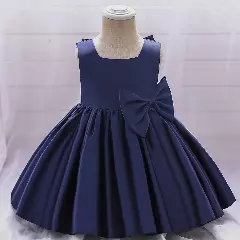 Tina Navy Satin Bow Knee Length Party Dress for Baby Girls & Girls