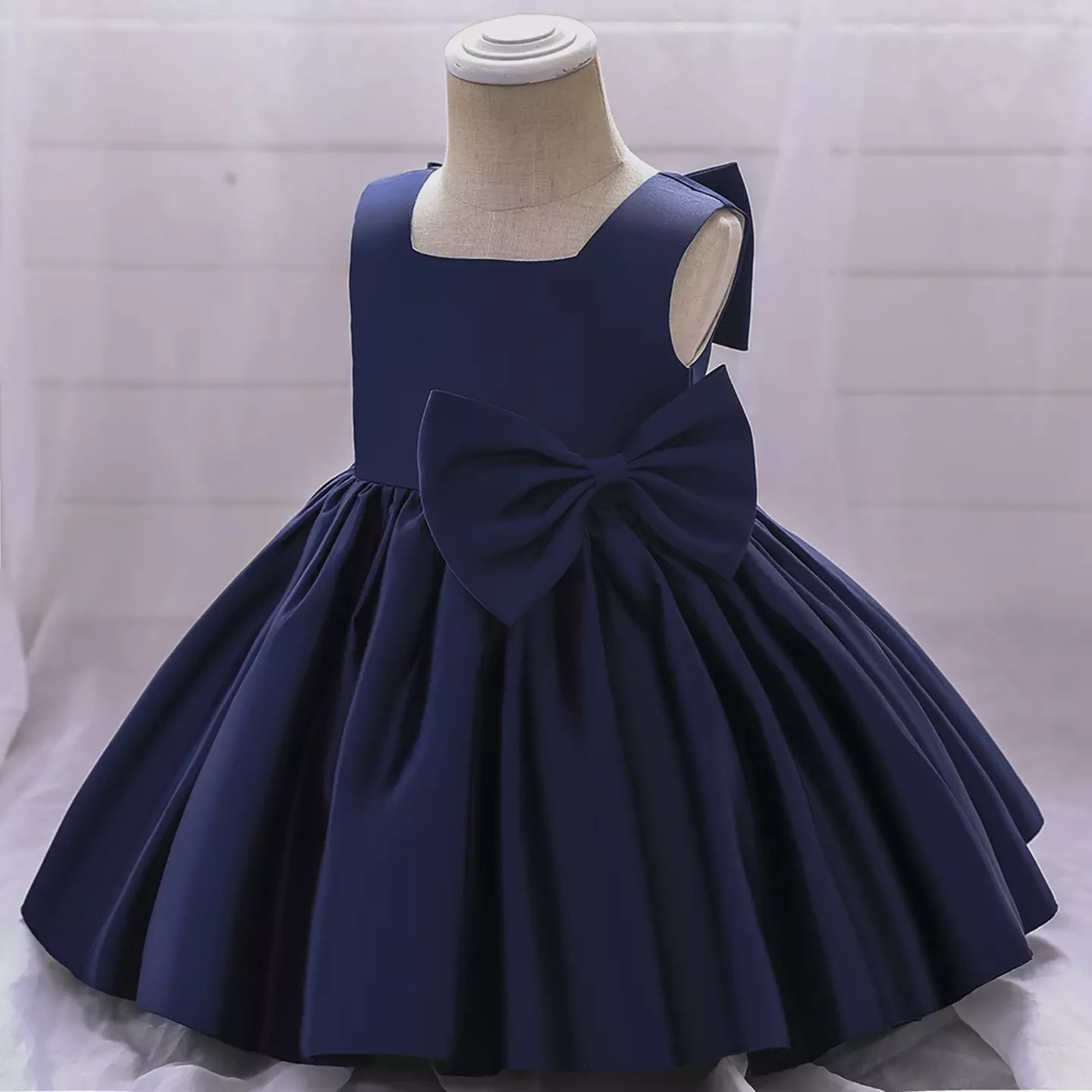 Tina Navy Satin Bow Knee Length Party Dress for Baby Girls & Girls