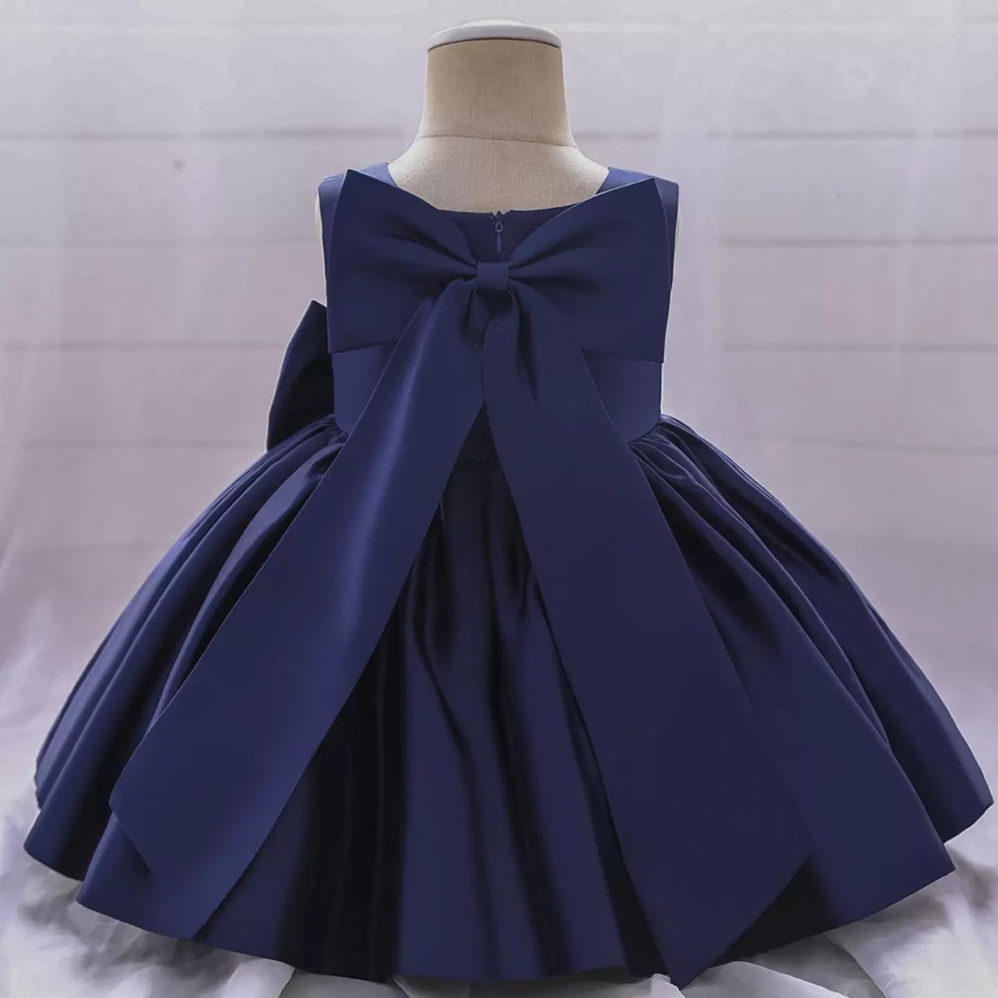 Tina Navy Satin Bow Knee Length Party Dress for Baby Girls & Girls