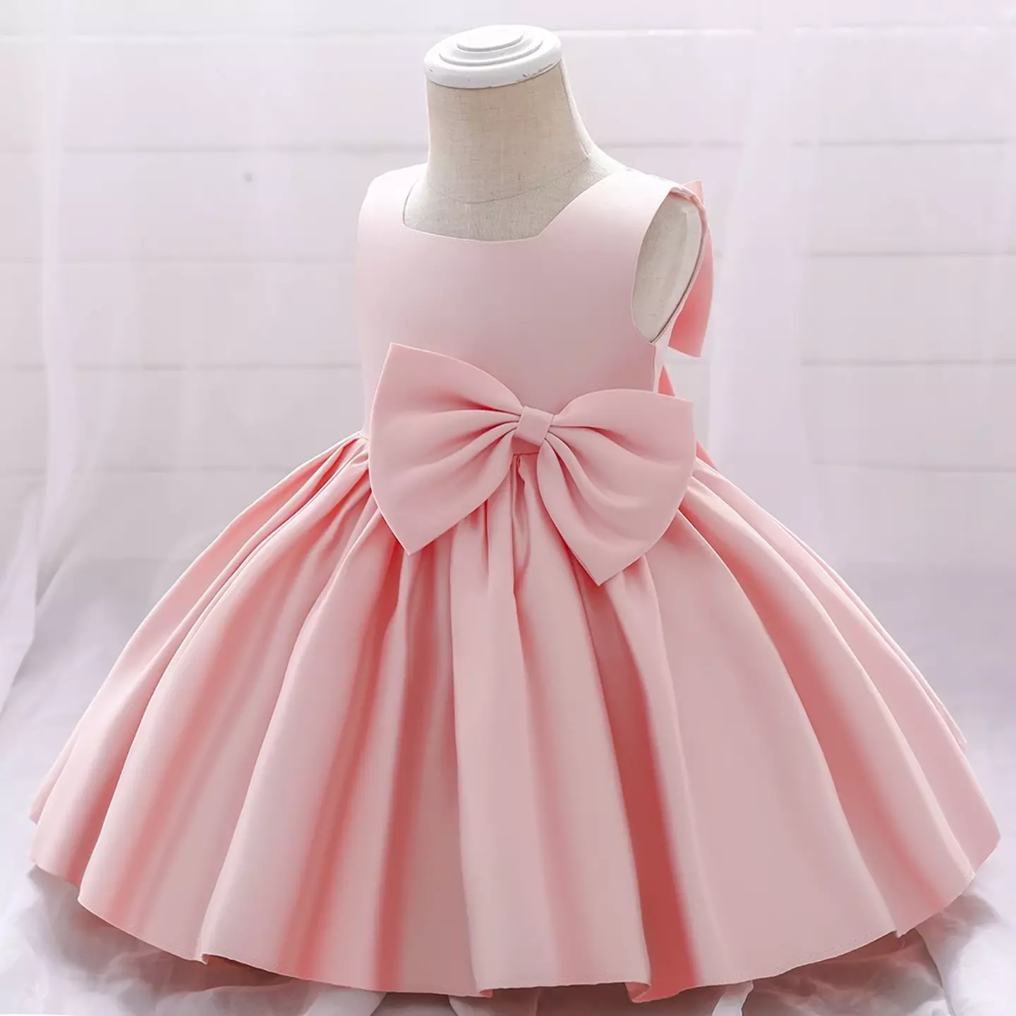 Tina Peach Pink Satin Bow Back Knee Length Party Dress for Baby Girls & Girls