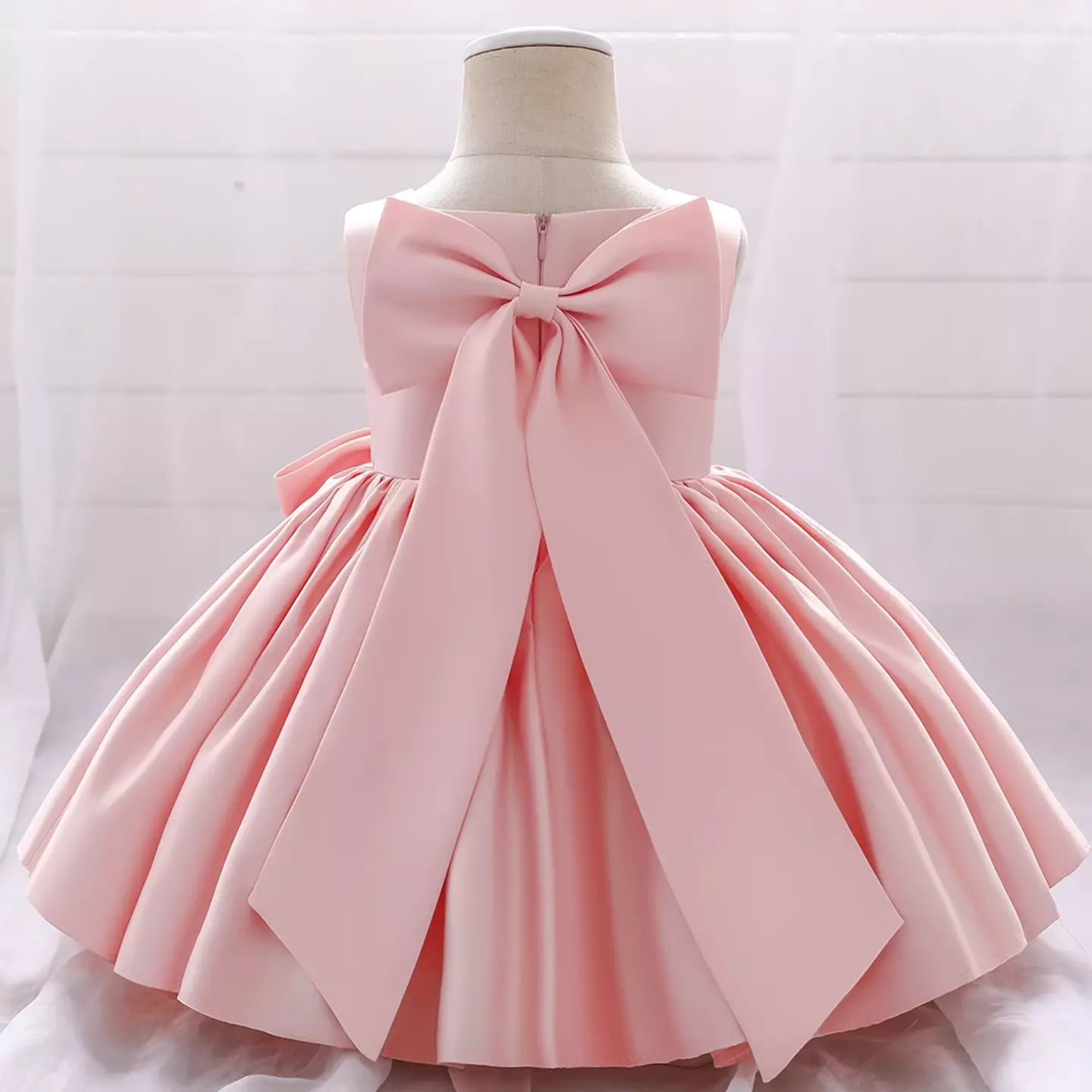 Tina Peach Pink Satin Bow Back Knee Length Party Dress for Baby Girls & Girls