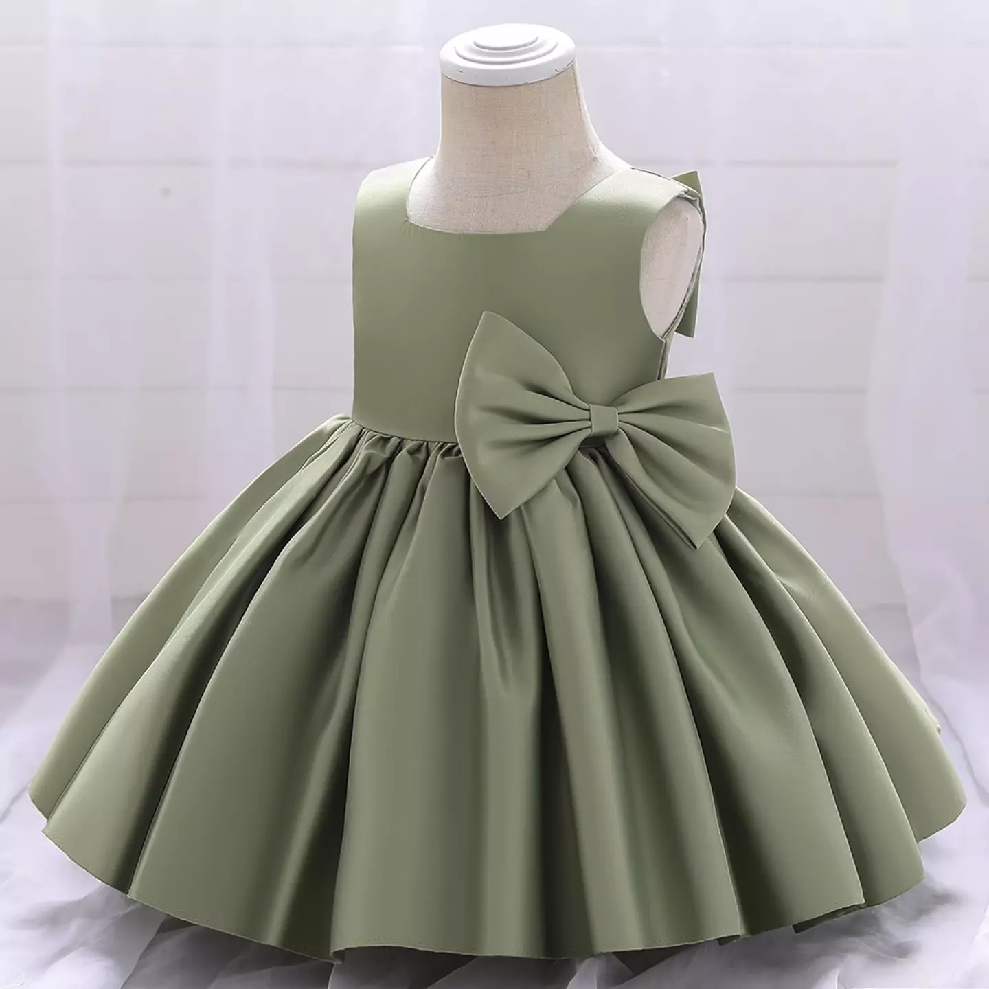 Tina Sage Green Satin Bow Back Knee Length Party Dress for Baby Girls & Girls