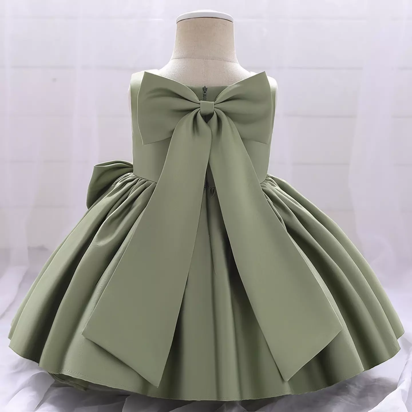 Tina Sage Green Satin Bow Back Knee Length Party Dress for Baby Girls & Girls