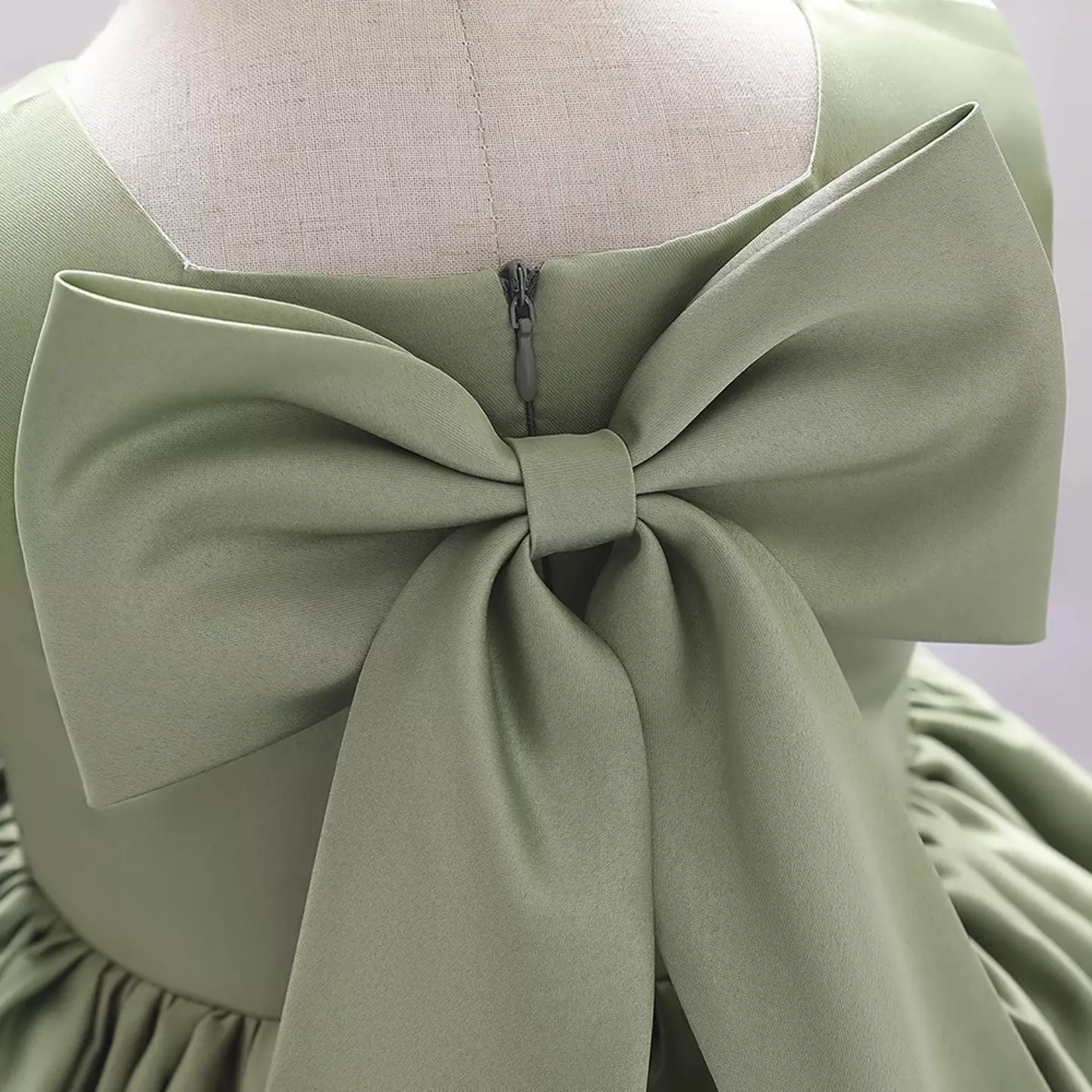 Tina Sage Green Satin Bow Back Knee Length Party Dress for Baby Girls & Girls