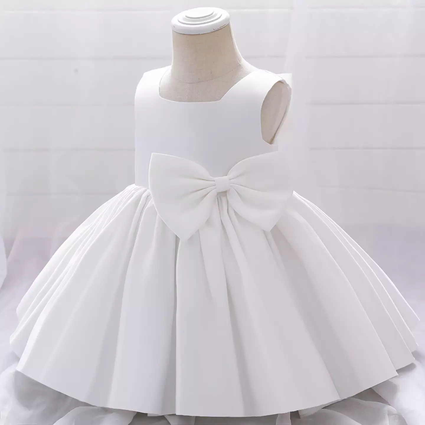 Tina White Satin Bow Knee Length Flower Girl Dress for Baby Girls & Girls