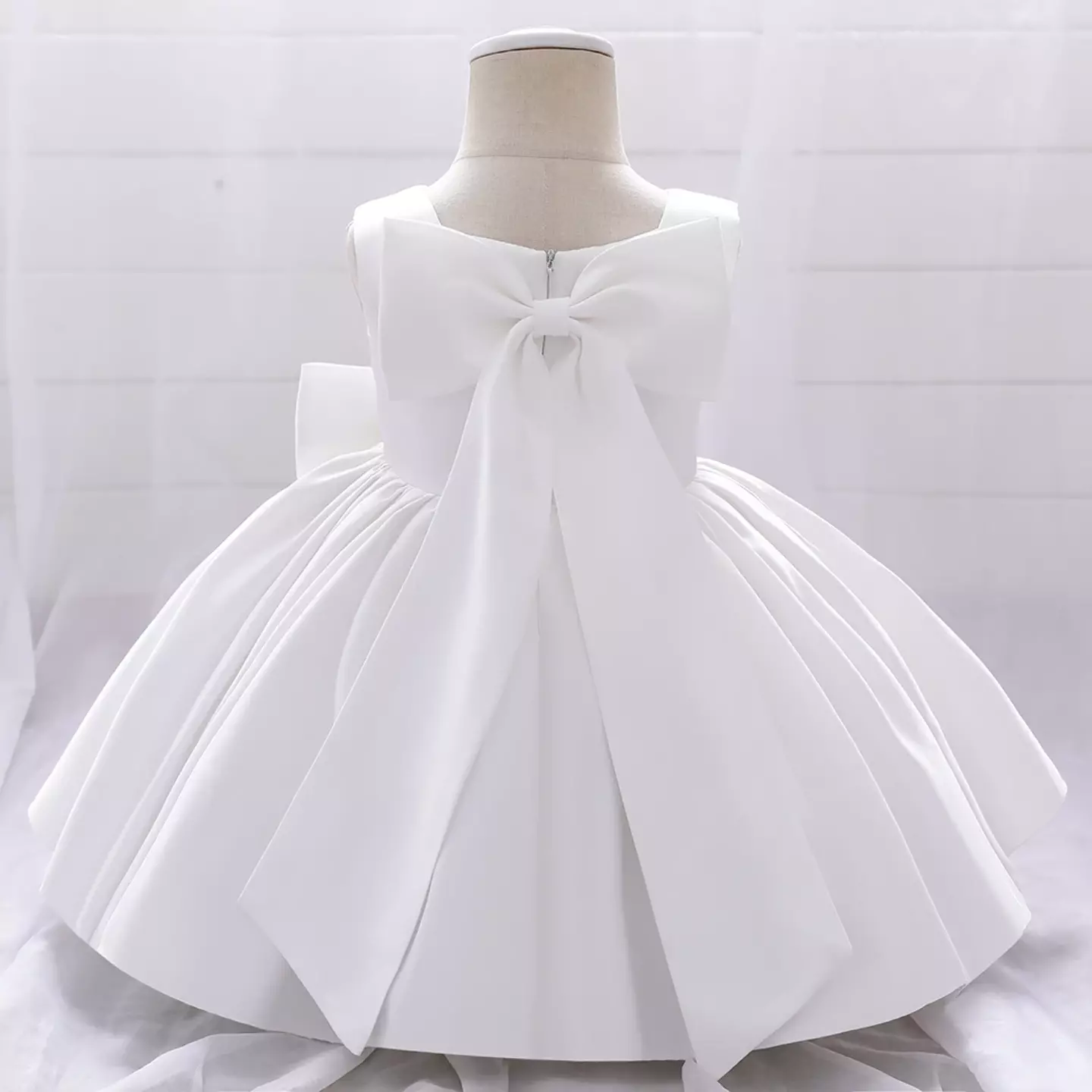 Tina White Satin Bow Knee Length Flower Girl Dress for Baby Girls & Girls