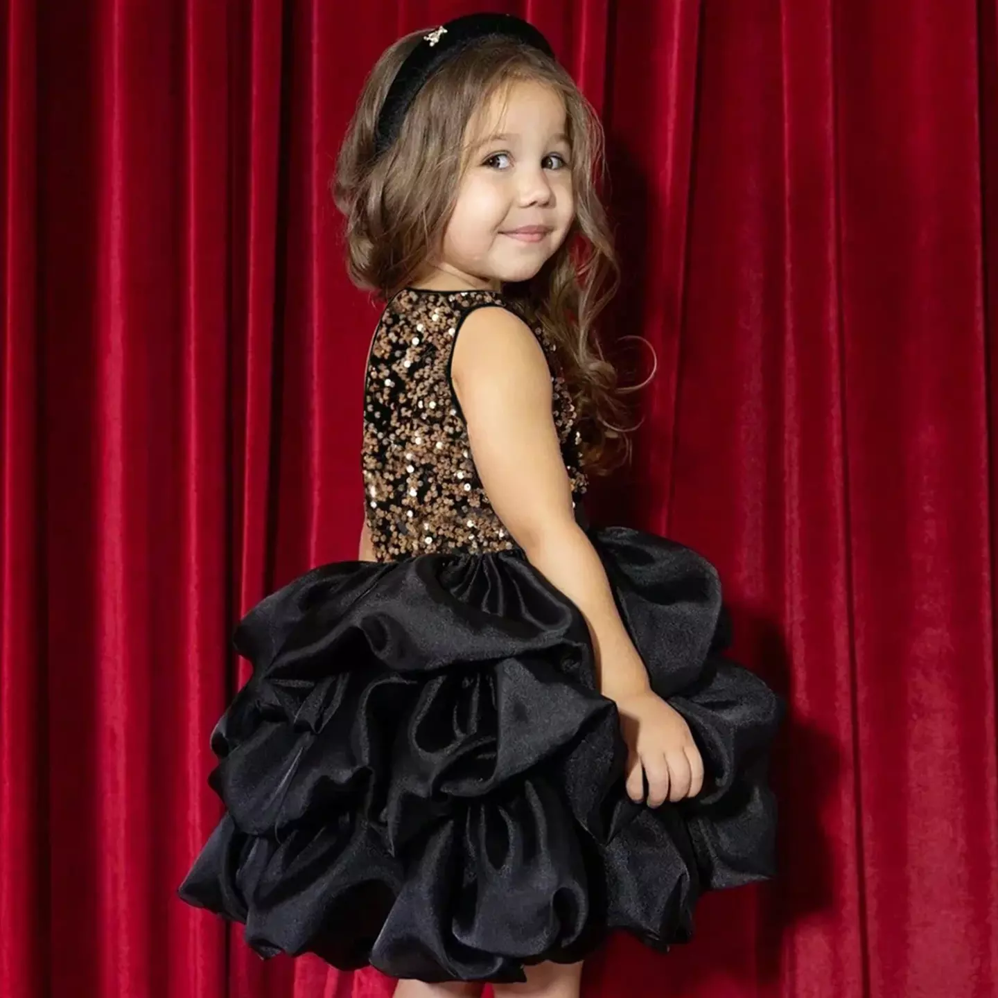 Jelena Black Gold Sequin Ruffle Skirt Girls Party Dress