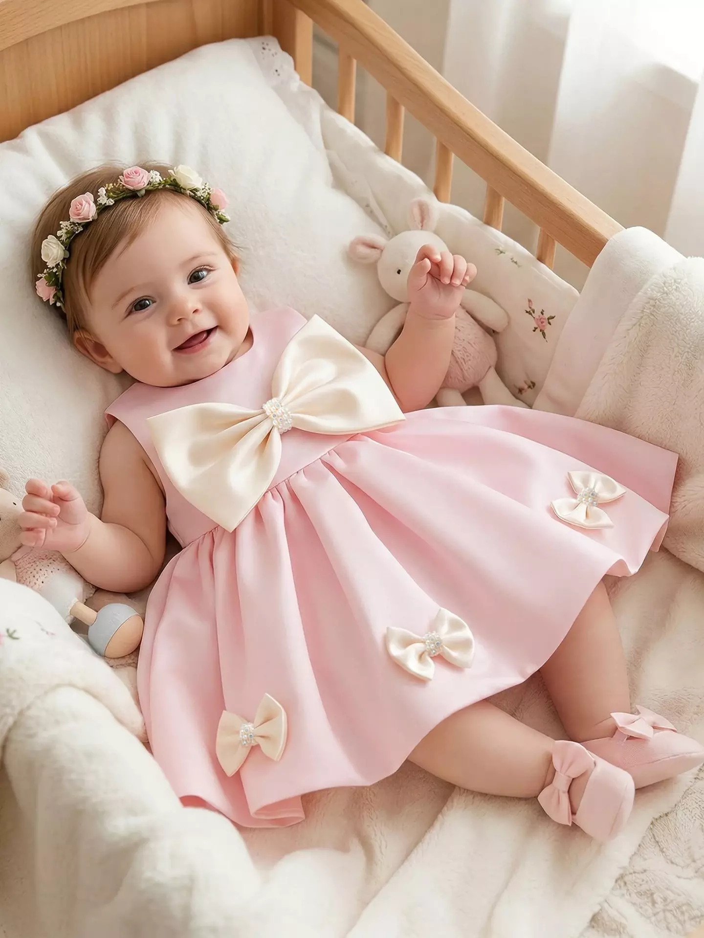 Talia Pink Ivory Bow Baby and Toddler Birthday Party Dress
