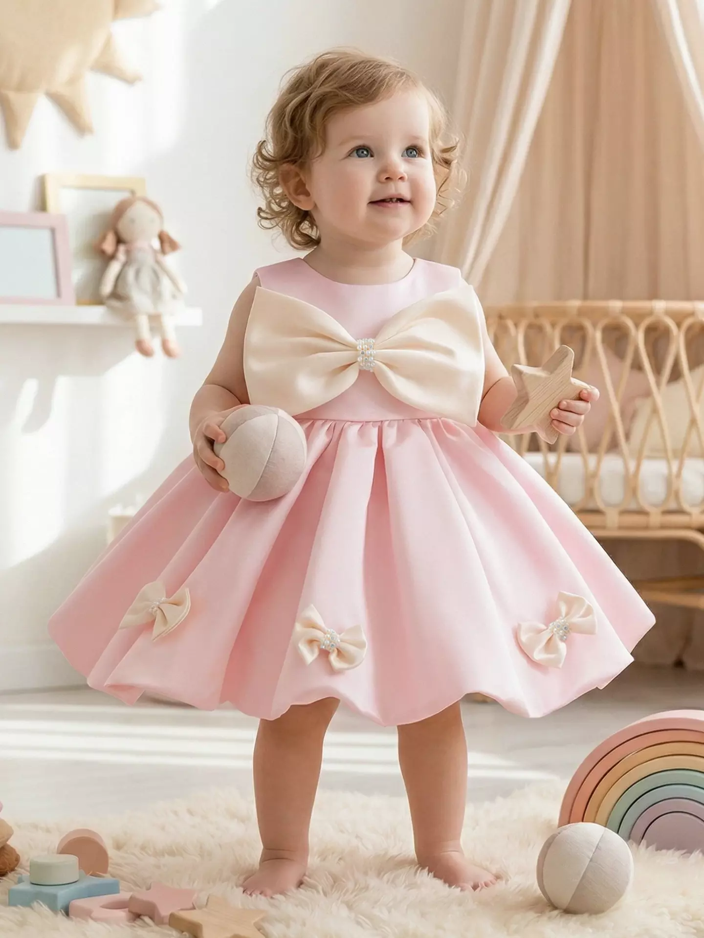 Talia Pink Ivory Bow Baby and Toddler Birthday Party Dress