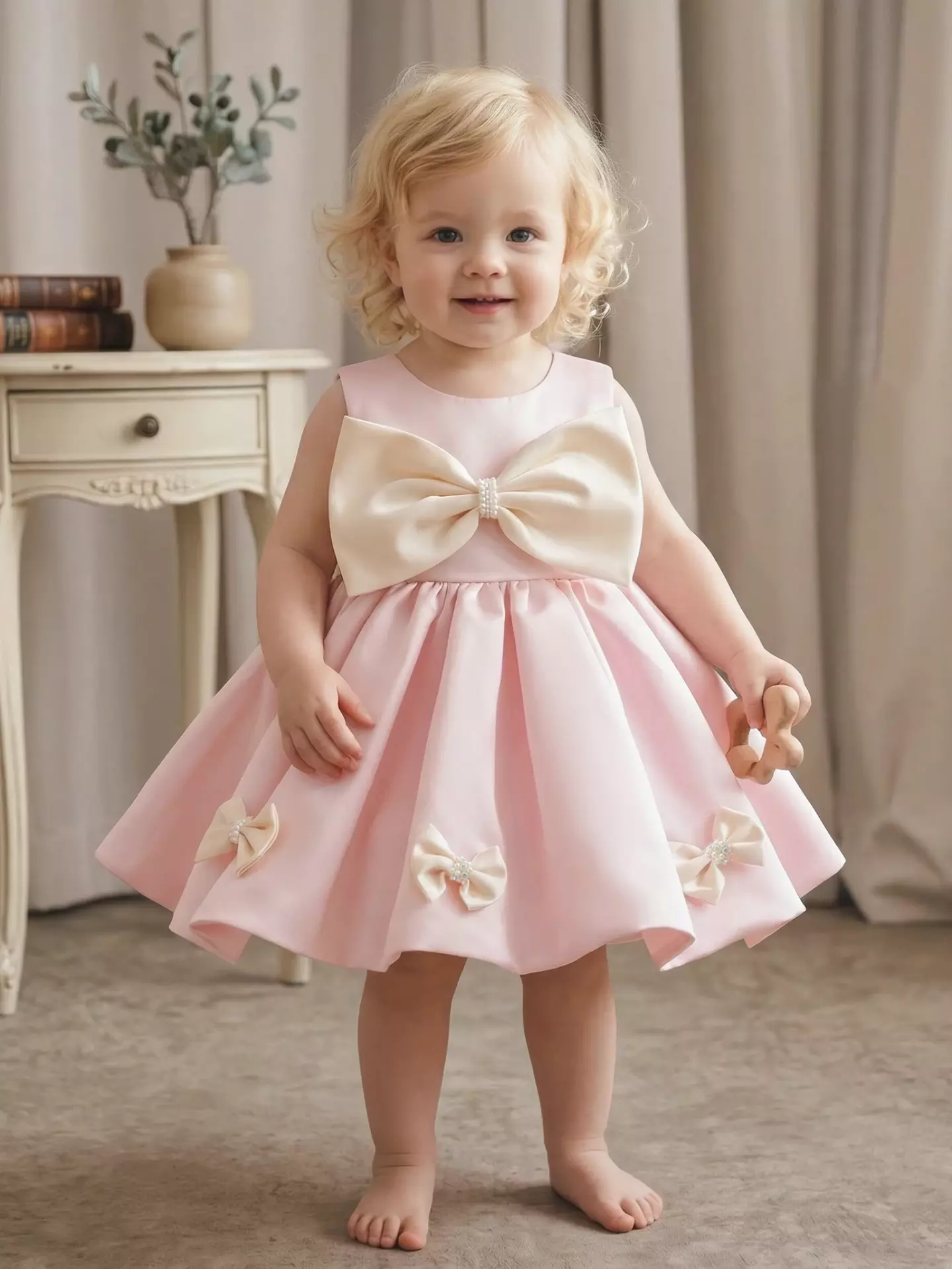 Talia Pink Ivory Bow Baby and Toddler Birthday Party Dress