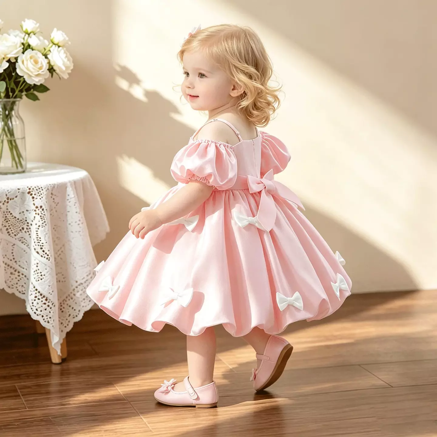 kimberly Pink Shoulder Strap Puff Sleeve Baby Party Dress