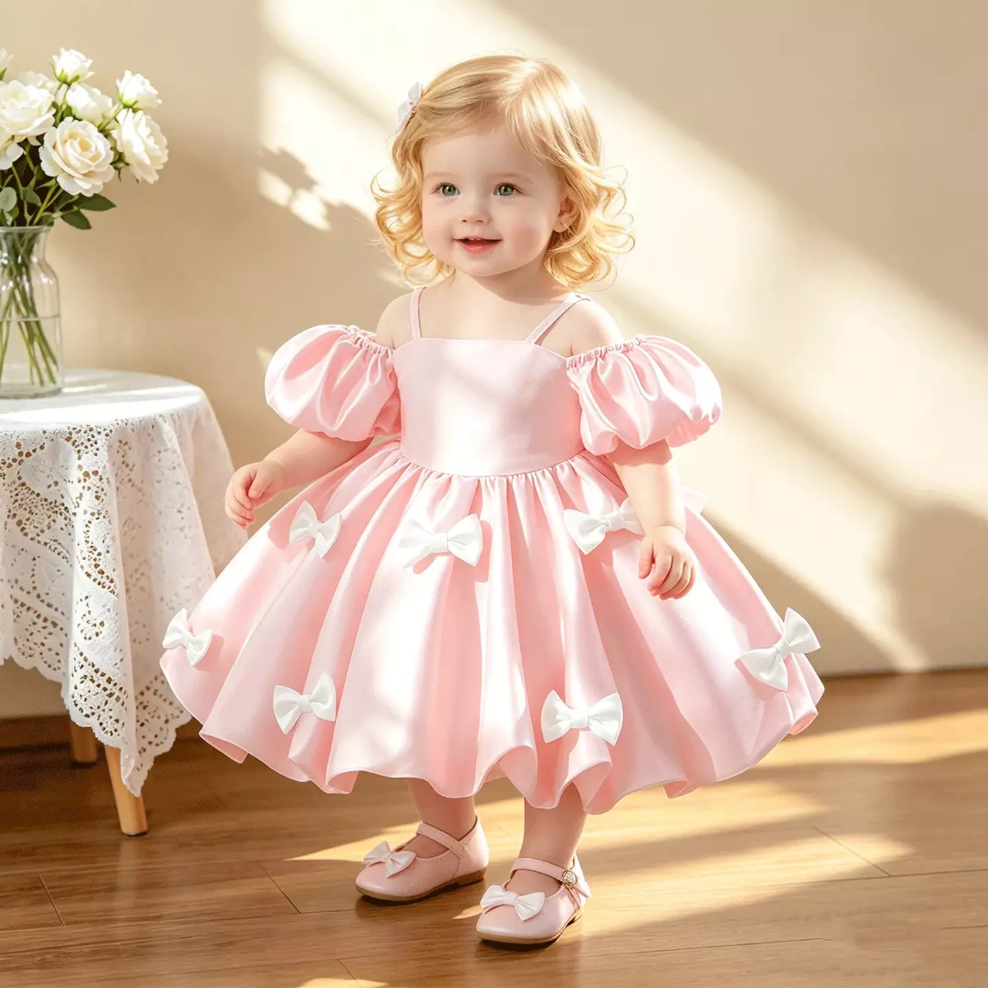 kimberly Pink Shoulder Strap Puff Sleeve Baby Party Dress