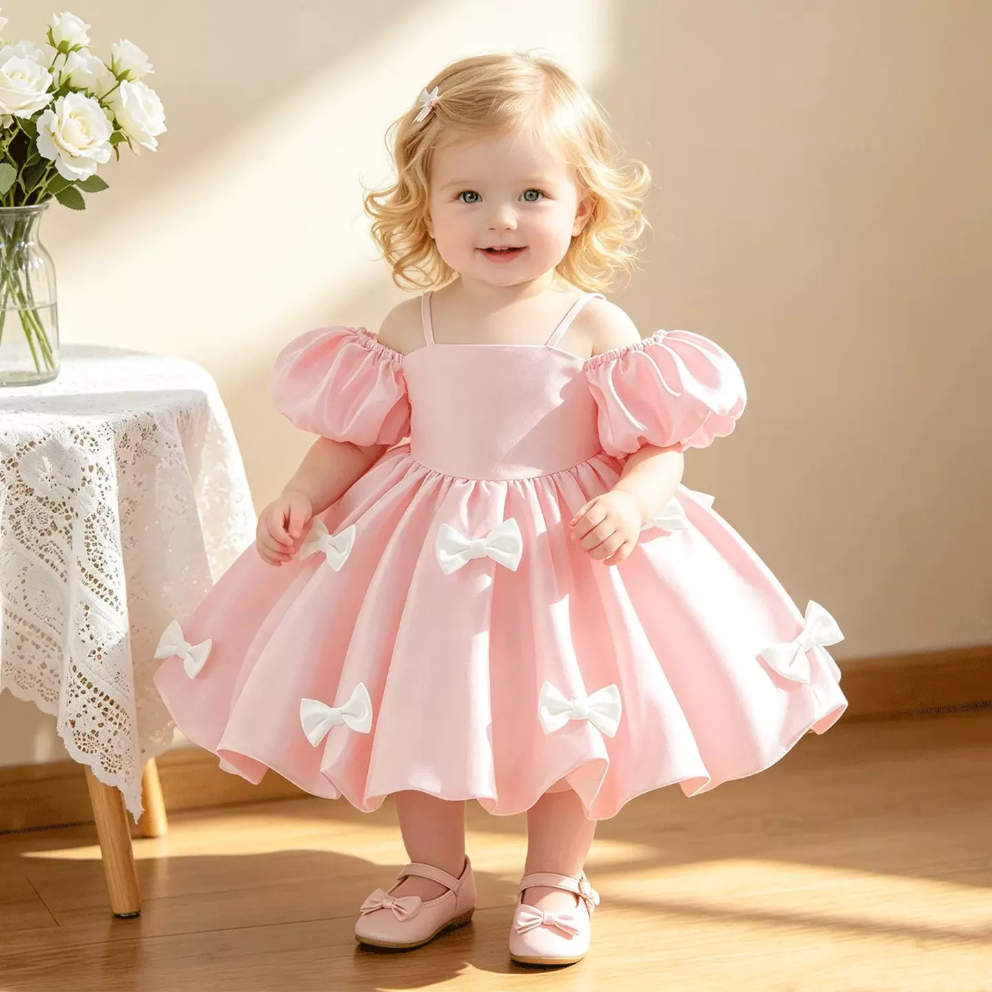 kimberly Pink Shoulder Strap Puff Sleeve Baby Party Dress