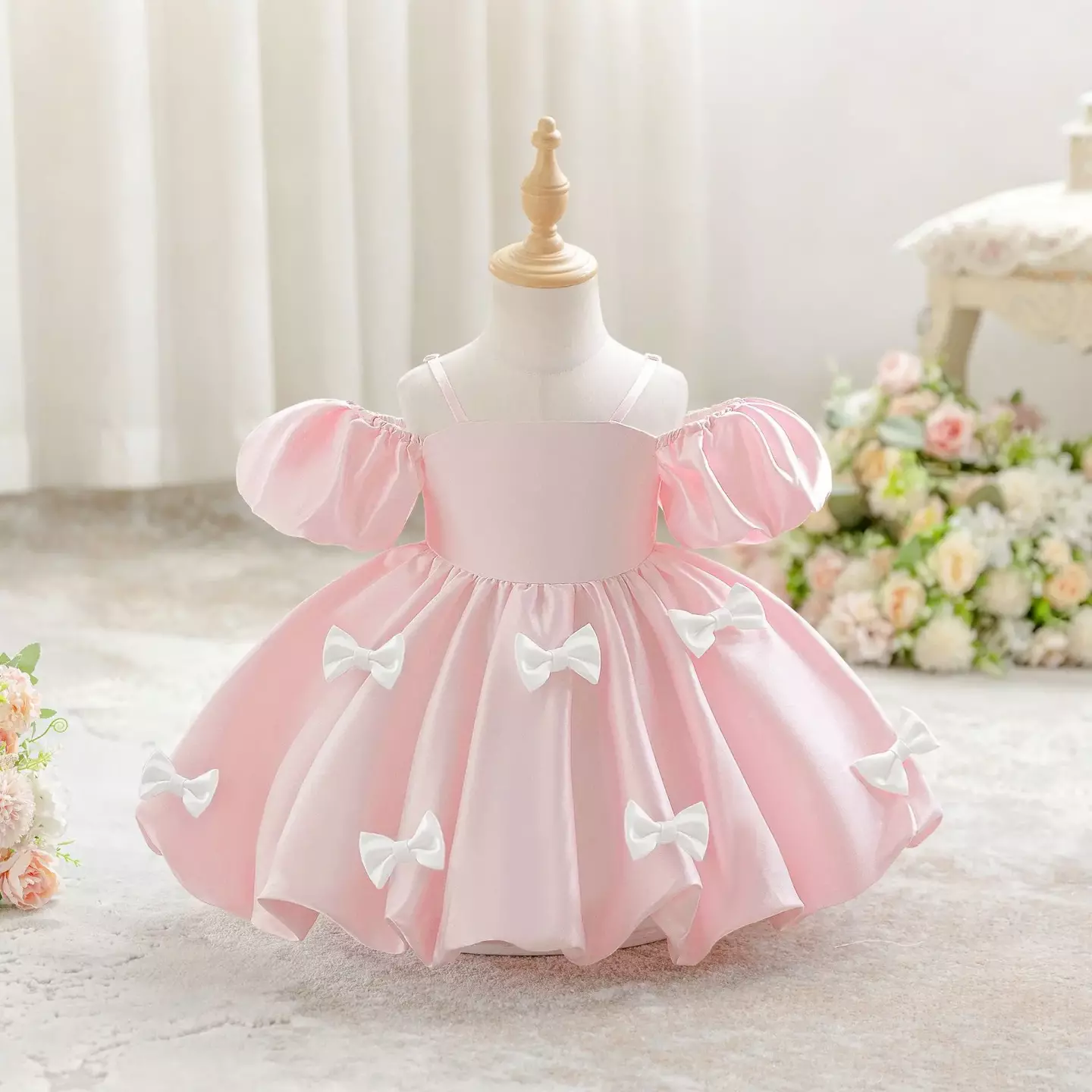 kimberly Pink Shoulder Strap Puff Sleeve Baby Party Dress