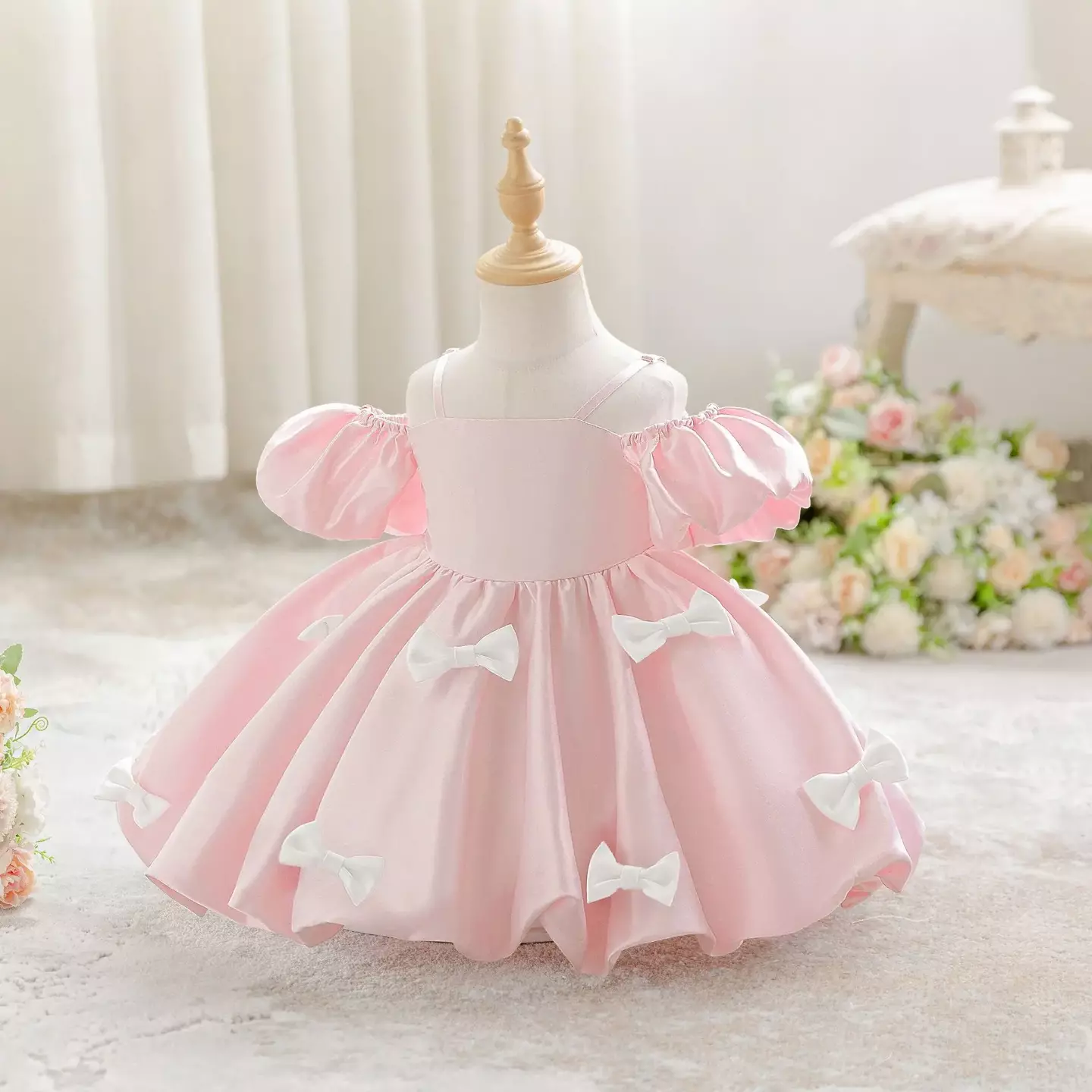 kimberly Pink Shoulder Strap Puff Sleeve Baby Party Dress
