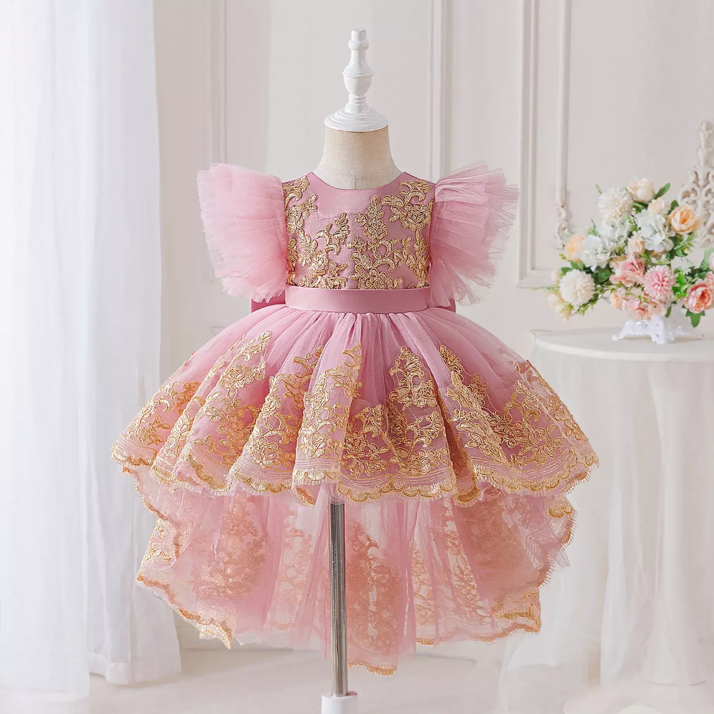Rosamund II Dusty Pink Gold Floral Tulle Baby Party Dress