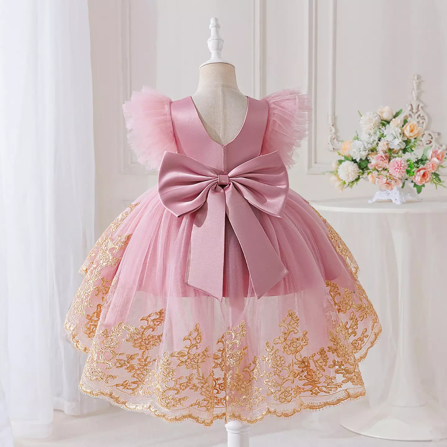 Rosamund II Dusty Pink Gold Floral Tulle Baby Party Dress