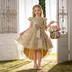 Daria Beige Round Neck Gold Floral High-Low Girls Dress