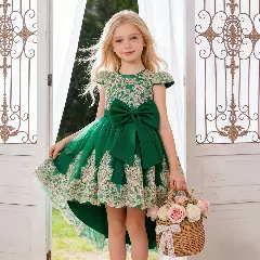 Daria Green Back Bow Gold Embroidered Girls Party Dress