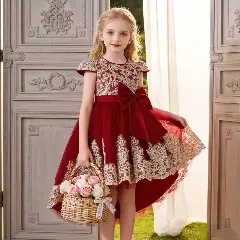 Daria Maroon Gold Scalloped Hem High-Low Girls Dress