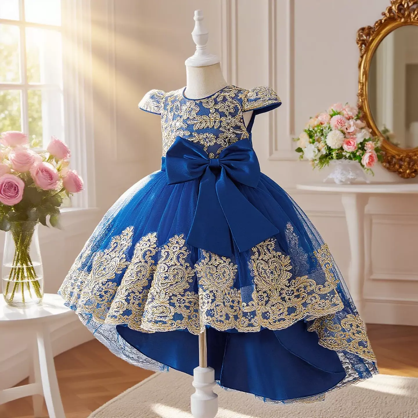 Daria Royal Blue Bow Waist High-Low Girls Party Dress
