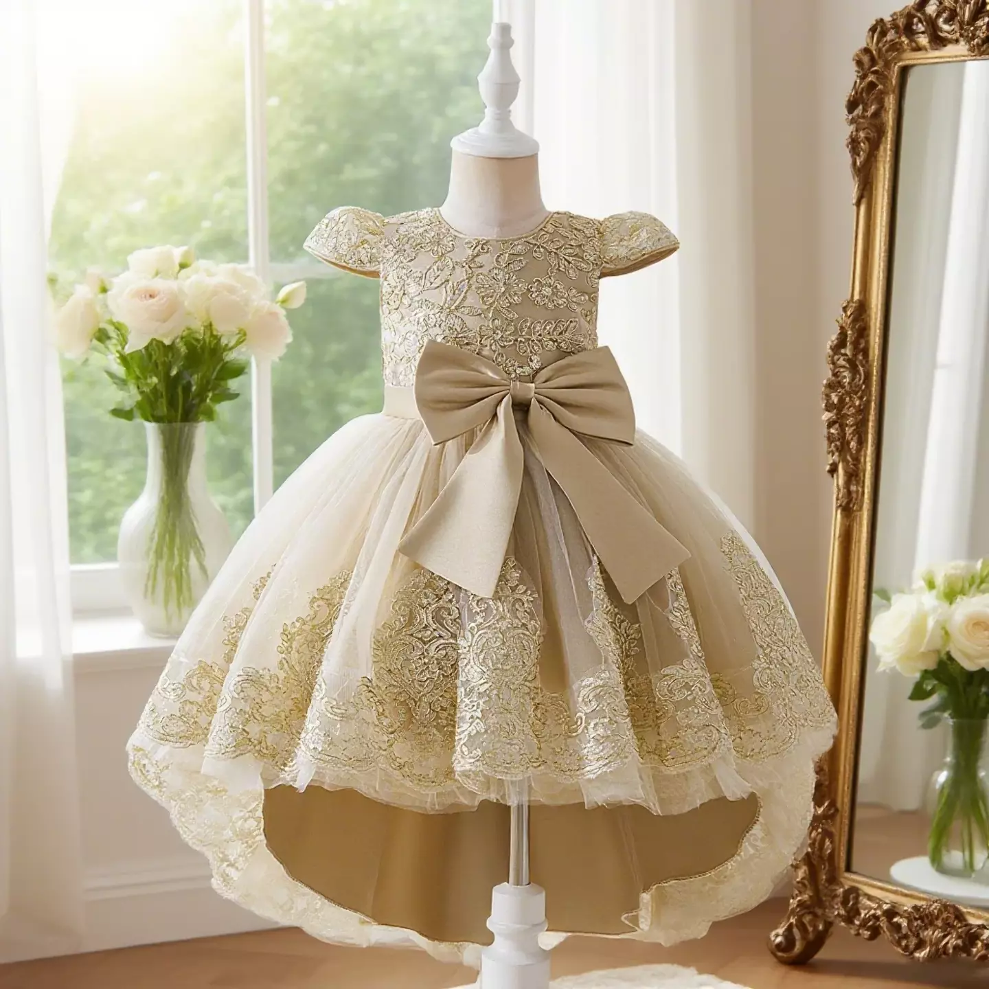Daria Beige Round Neck Gold Floral High-Low Girls Dress
