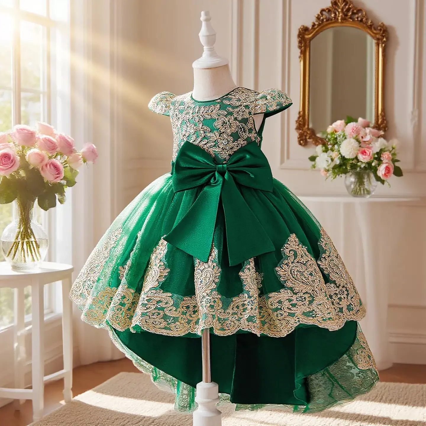Daria Green Back Bow Gold Embroidered Girls Party Dress