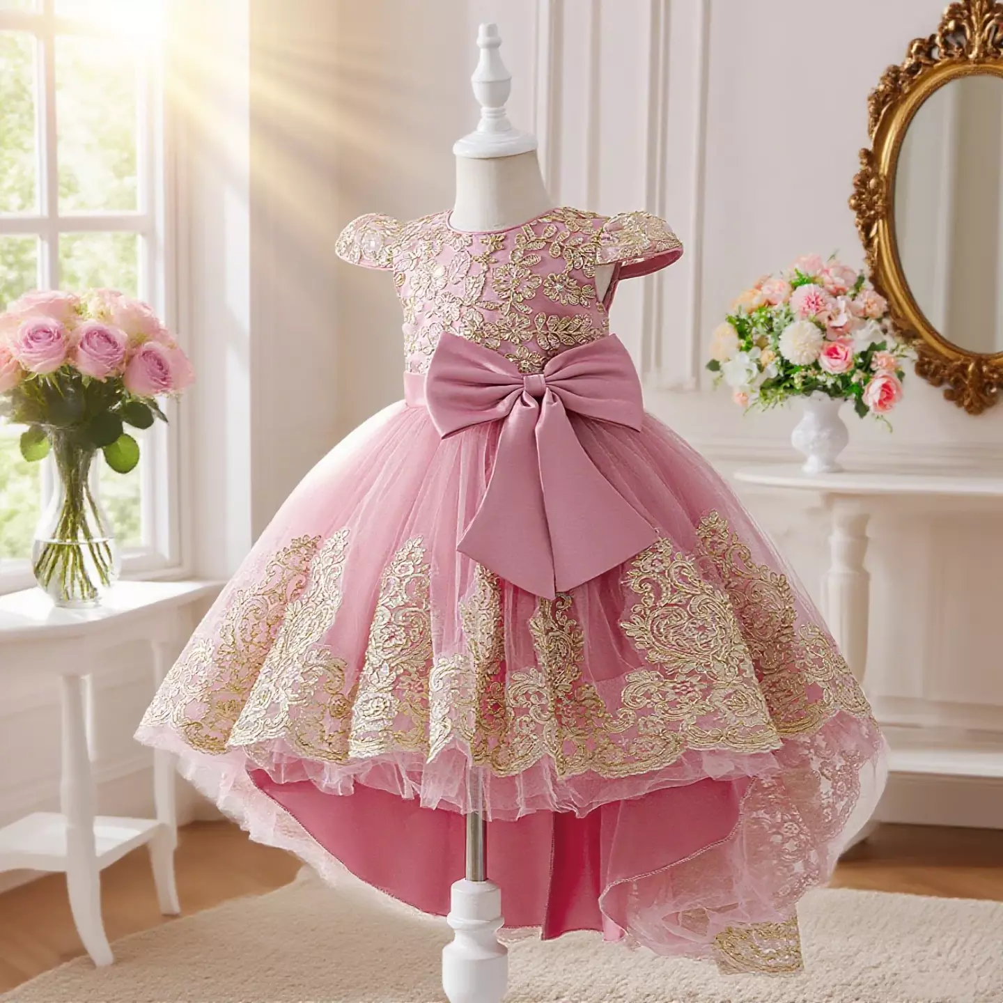 Daria Dusty Pink Cap Sleeve Embroidered Girls Party Dress