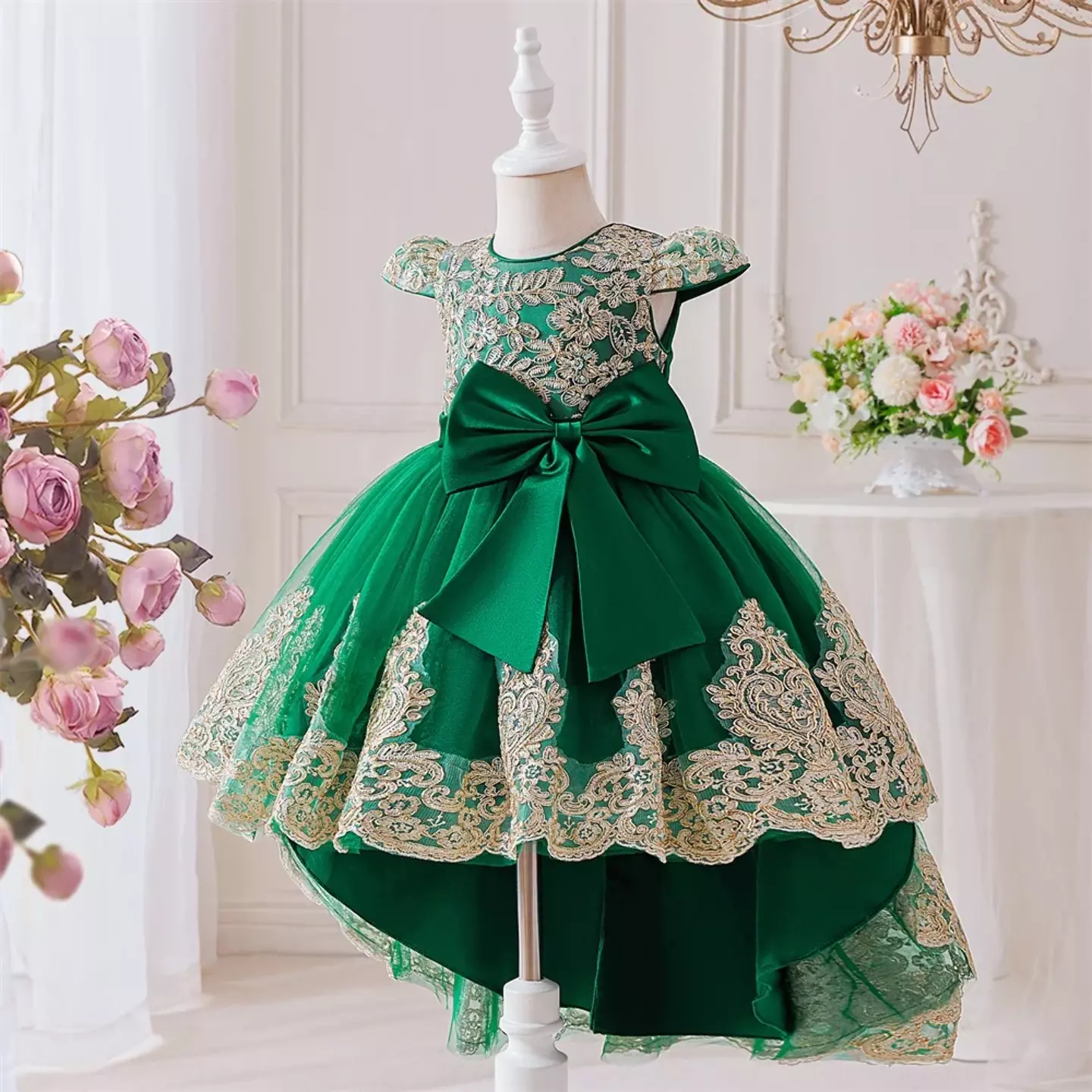 Daria Green Back Bow Gold Embroidered Girls Party Dress