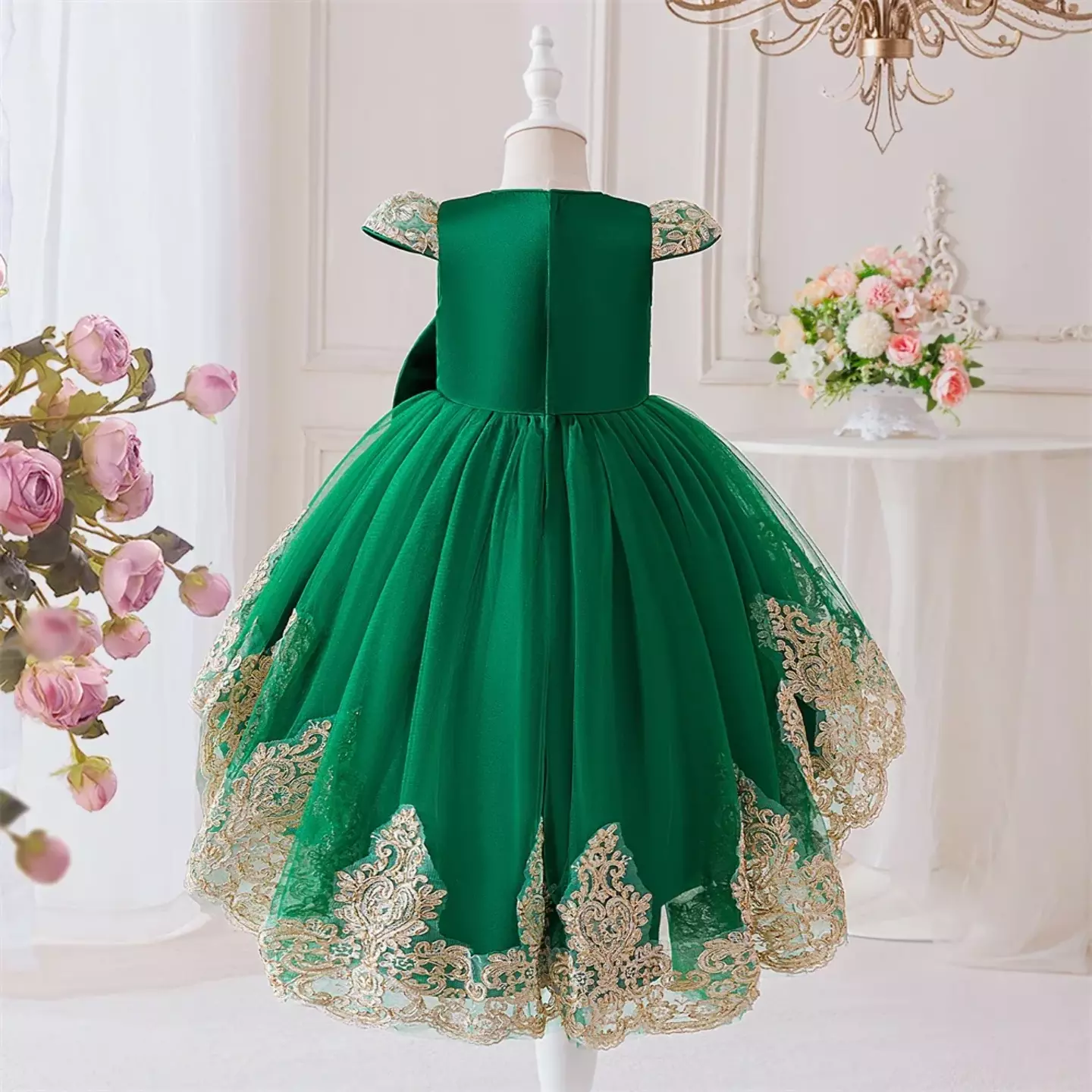 Daria Green Back Bow Gold Embroidered Girls Party Dress