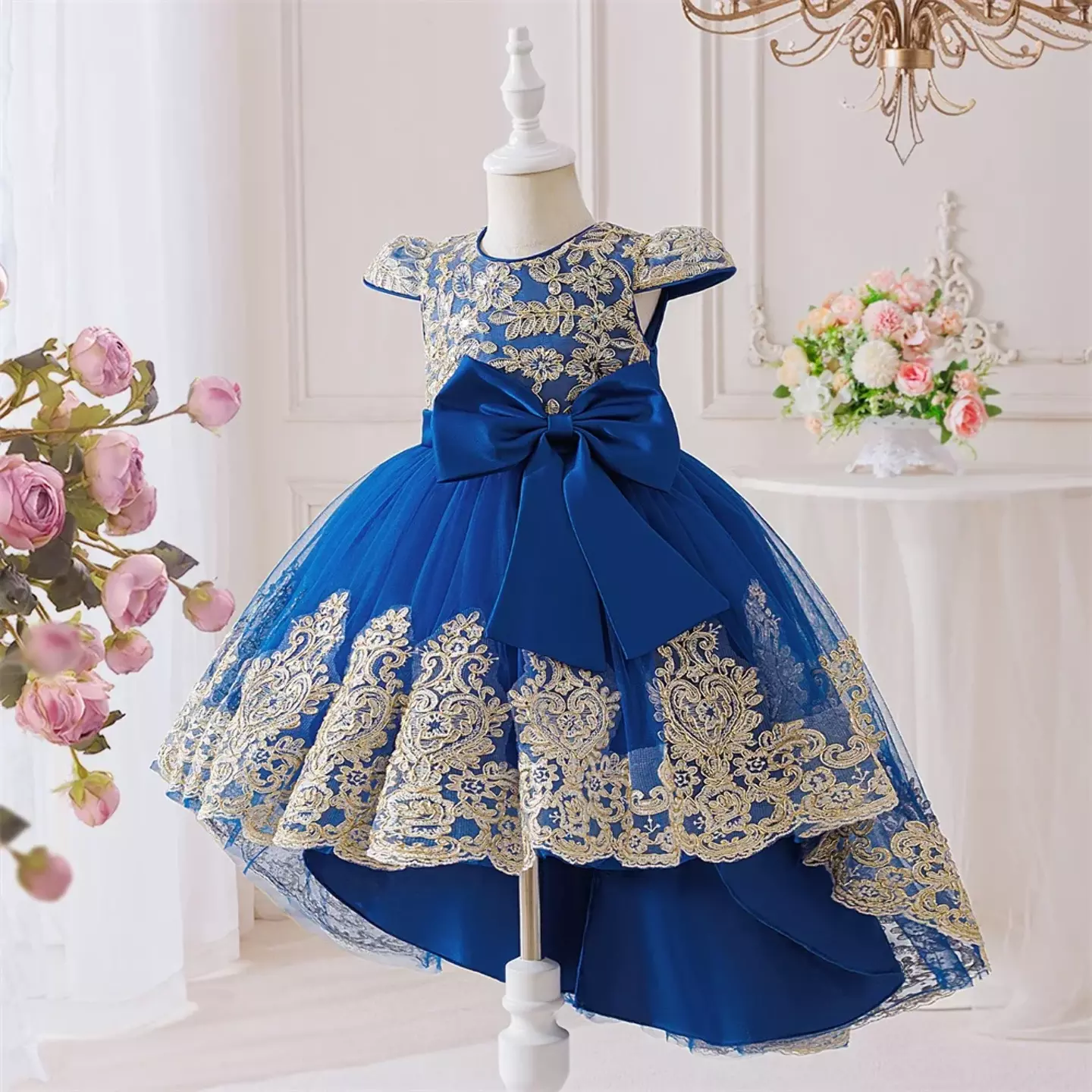 Daria Royal Blue Bow Waist High-Low Girls Party Dress