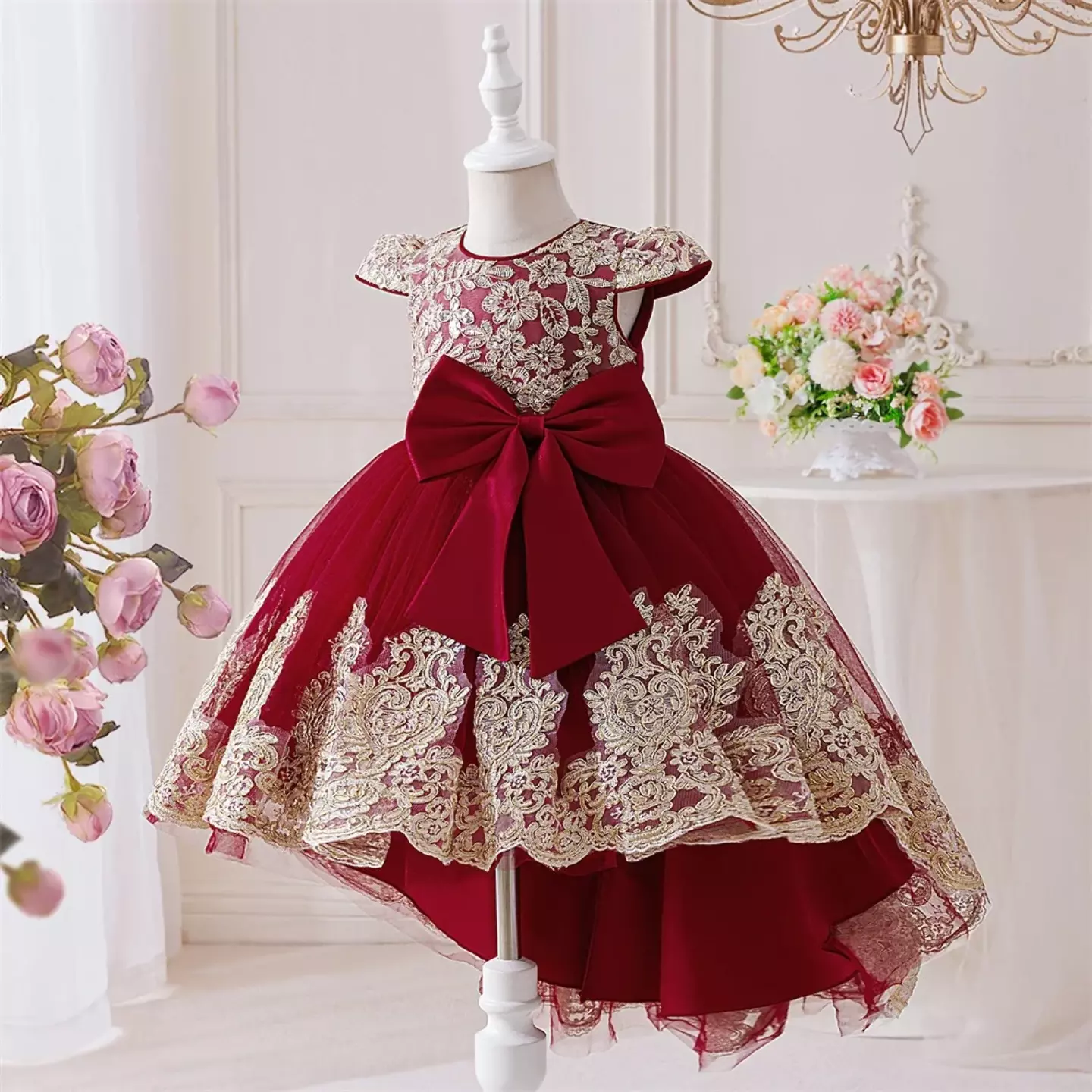 Daria Maroon Gold Scalloped Hem High-Low Girls Dress