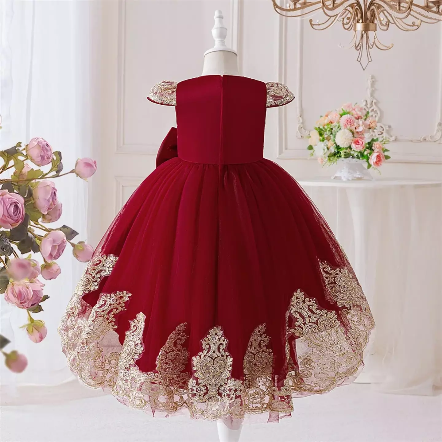Daria Maroon Gold Scalloped Hem High-Low Girls Dress