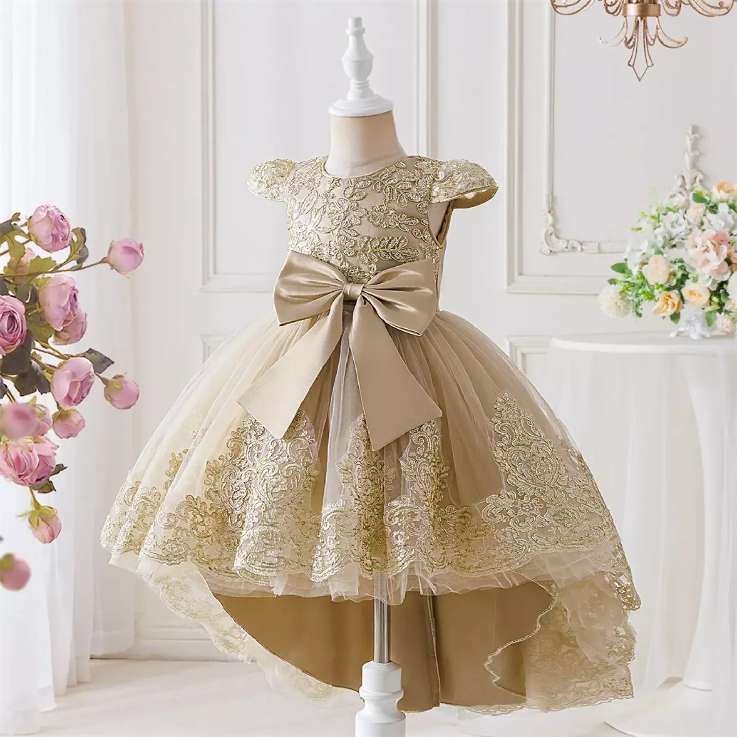Daria Beige Round Neck Gold Floral High-Low Girls Dress