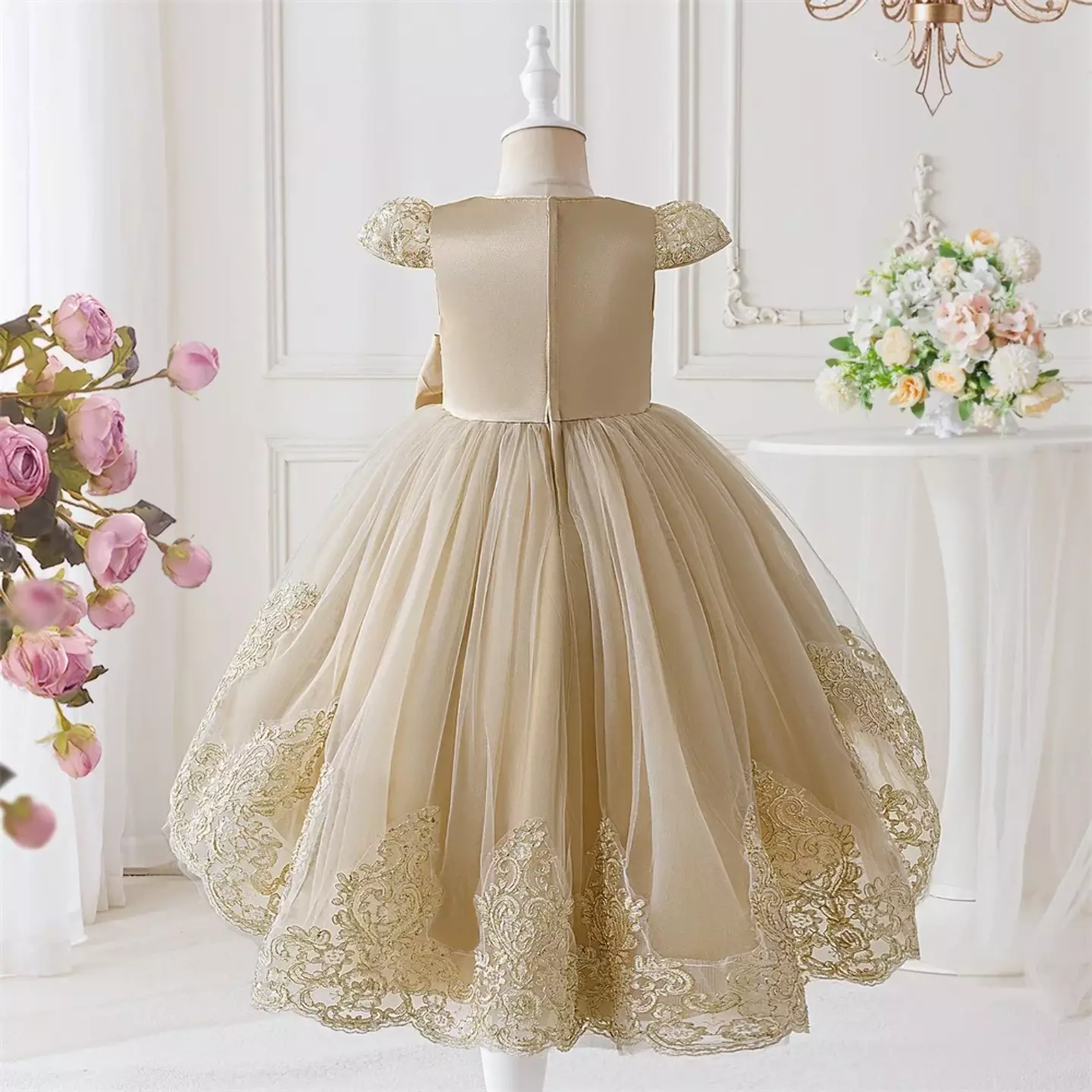 Daria Beige Round Neck Gold Floral High-Low Girls Dress