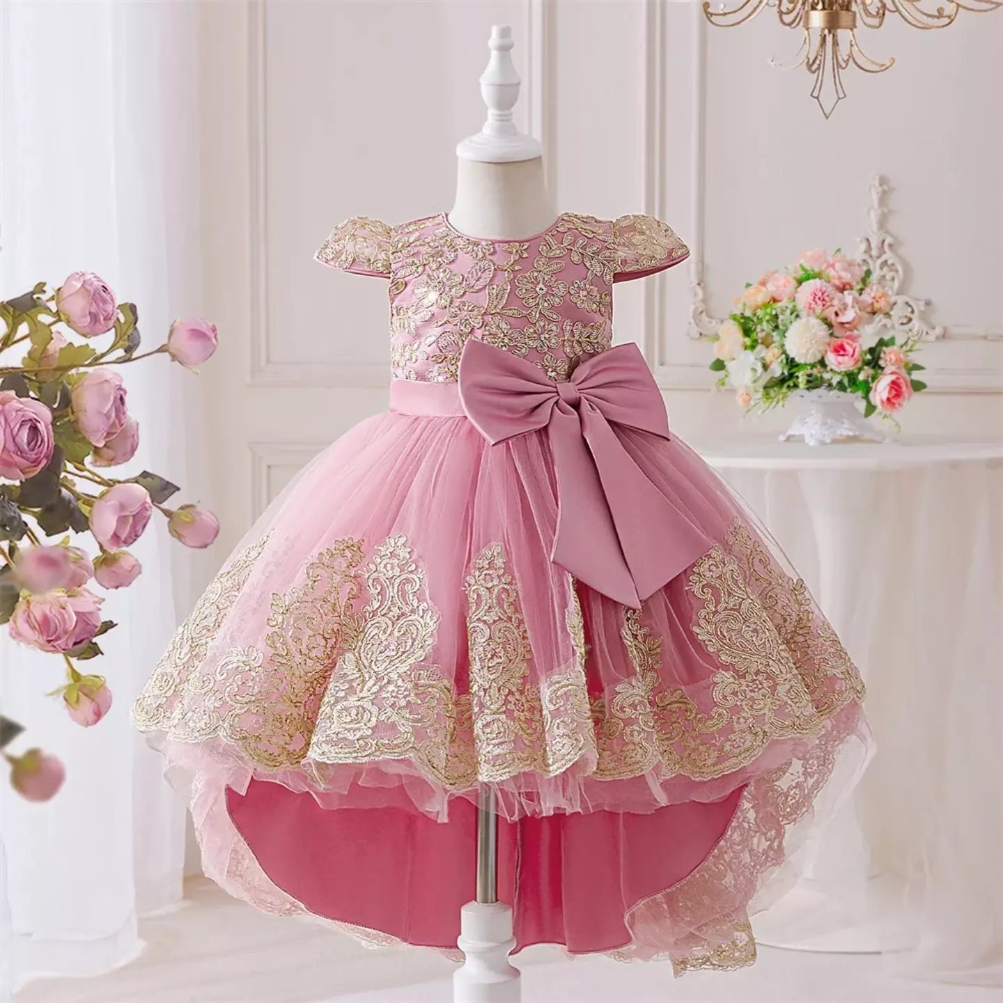 Daria Dusty Pink Cap Sleeve Embroidered Girls Party Dress