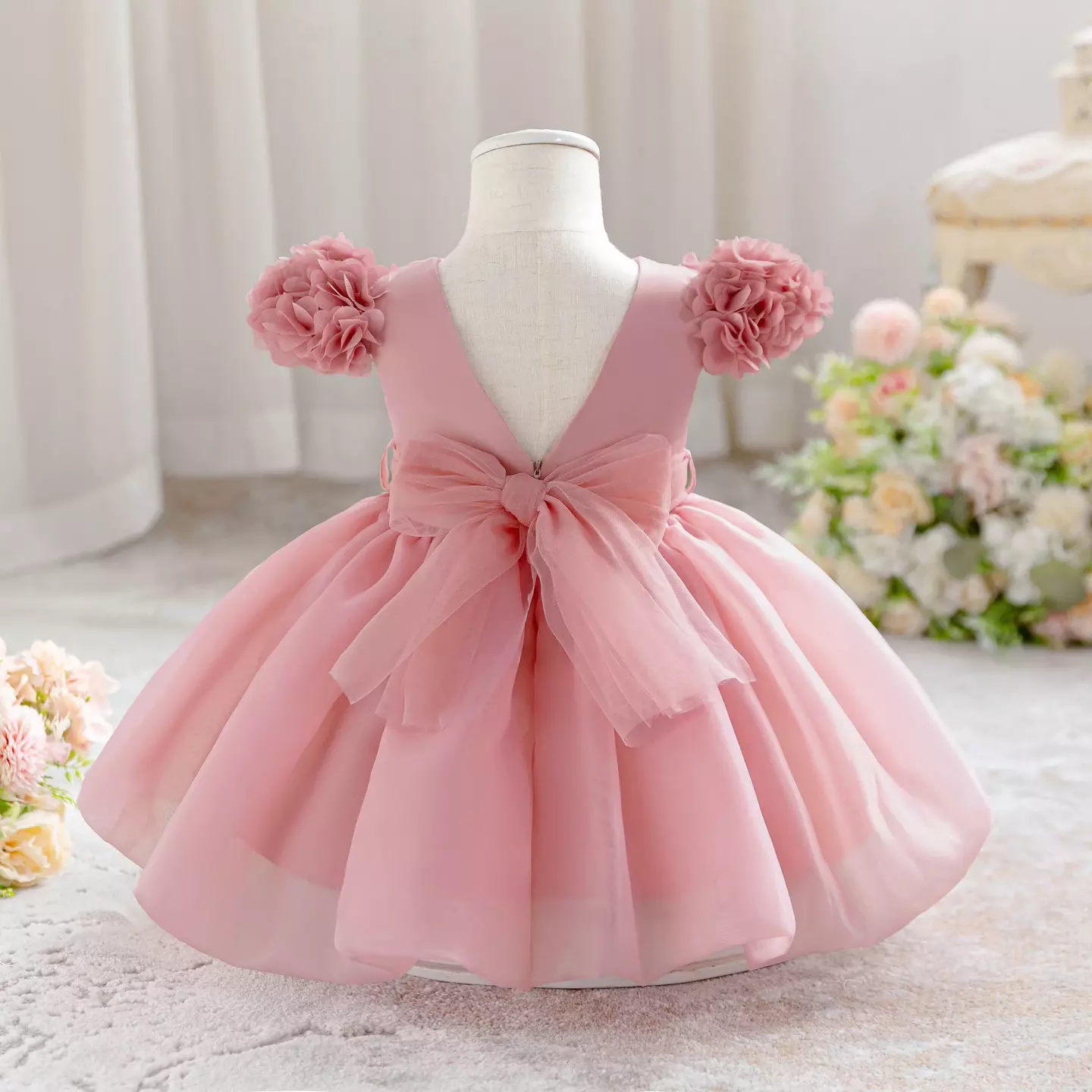 Hailey Dusty Pink Plain Bodice Party Dress with Back Bow