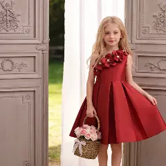 Cristy II Dark Red Asymmetric Strap Knee Length Girls Dress