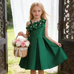 Cristy II Forest Green Defined Waist Knee Length Girls Dress