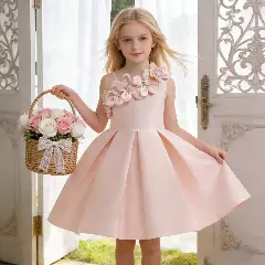 Cristy II Peach Pink Floral Neckline Knee Length Girls Dress