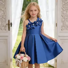 Cristy II Royal Blue Back Bow Knee Length Girls Dress