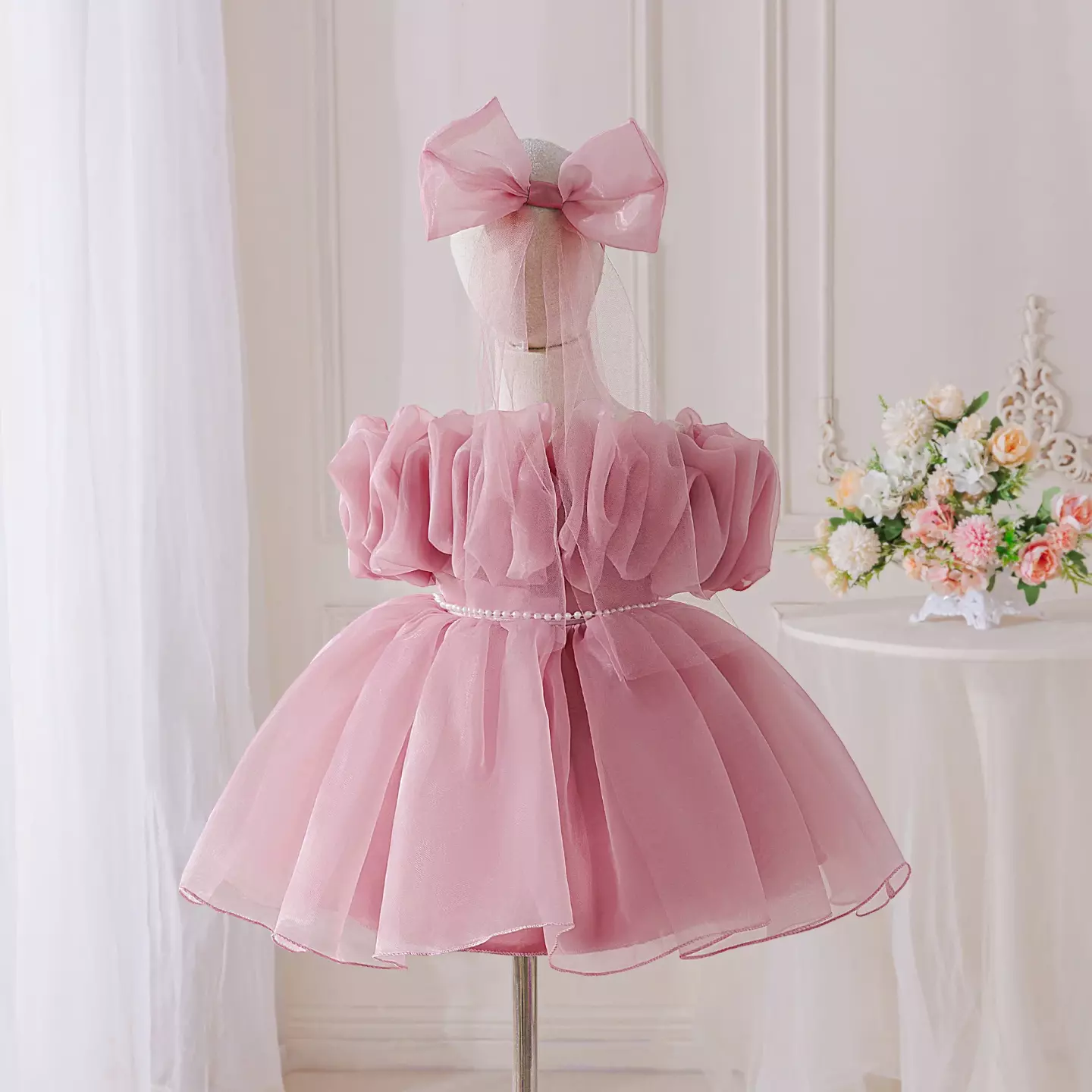 Momo Dusty Pink Organza Puff Sleeve Party Dress - Knee Length Baby Girls Birthday Dress