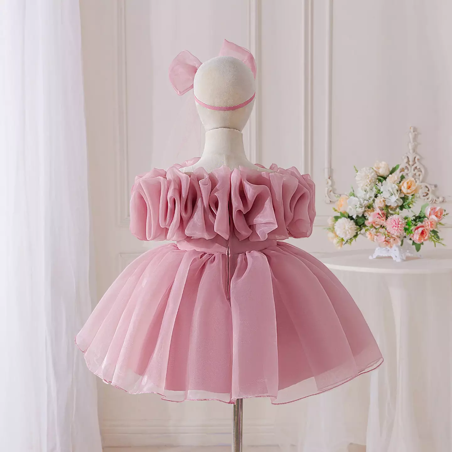 Momo Dusty Pink Organza Puff Sleeve Party Dress - Knee Length Baby Girls Birthday Dress