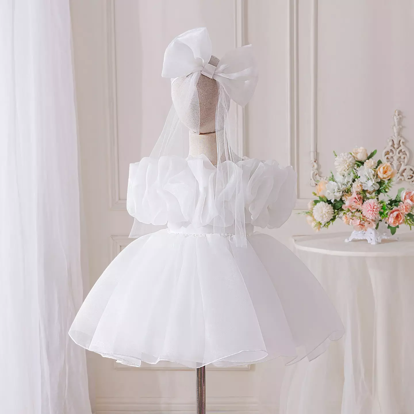 Momo White Organza Puff Sleeve Flower Girl Dress - Knee Length Christening & Baptism Dress