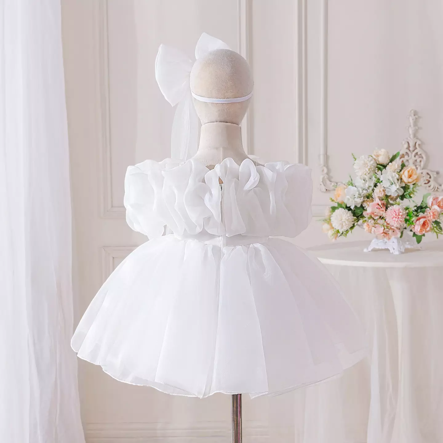 Momo White Organza Puff Sleeve Flower Girl Dress - Knee Length Christening & Baptism Dress