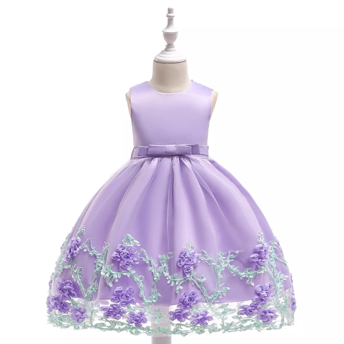 Yeri Lavender 3D Floral Satin Girls Party Dress - Knee Length Junior Bridesmaid & Birthday Dress