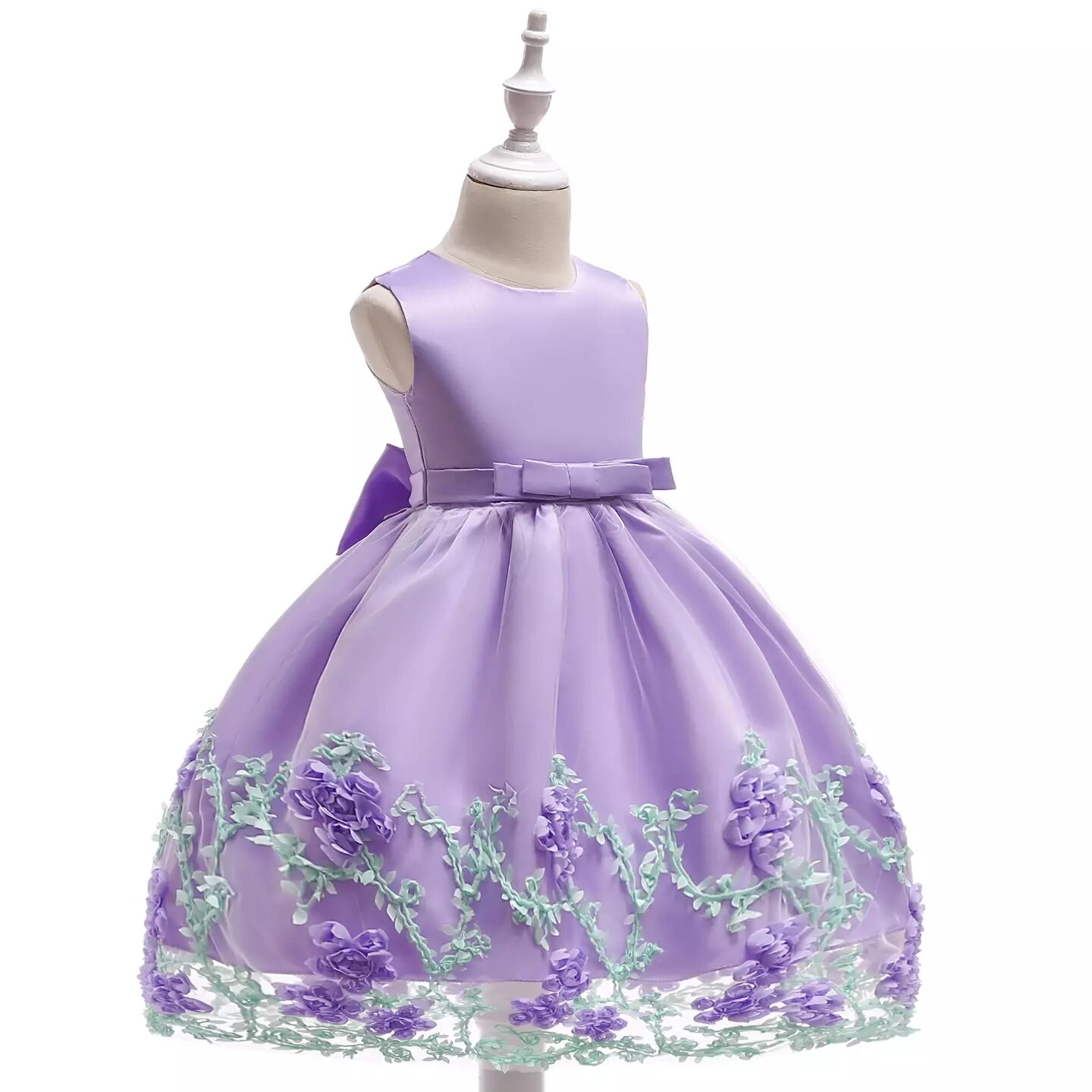 Yeri Lavender 3D Floral Satin Girls Party Dress - Knee Length Junior Bridesmaid & Birthday Dress