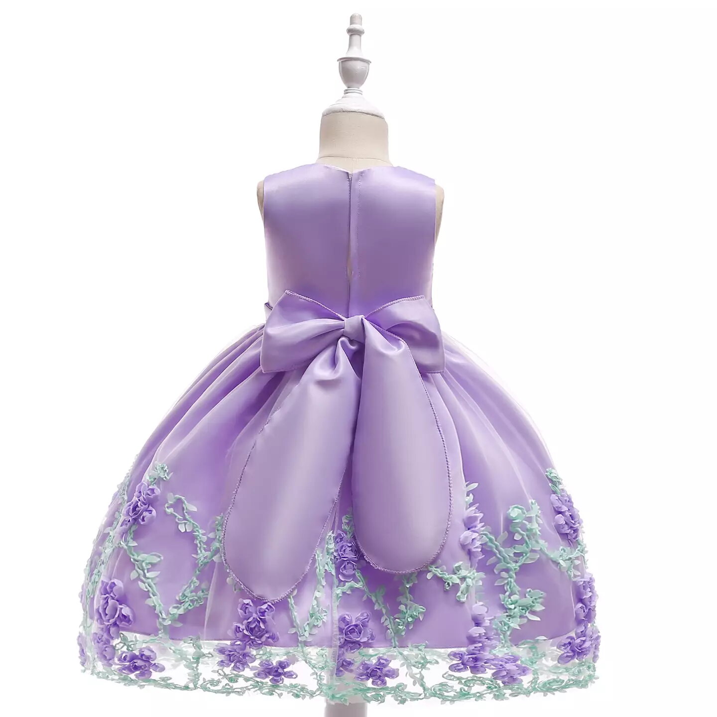 Yeri Lavender 3D Floral Satin Girls Party Dress - Knee Length Junior Bridesmaid & Birthday Dress