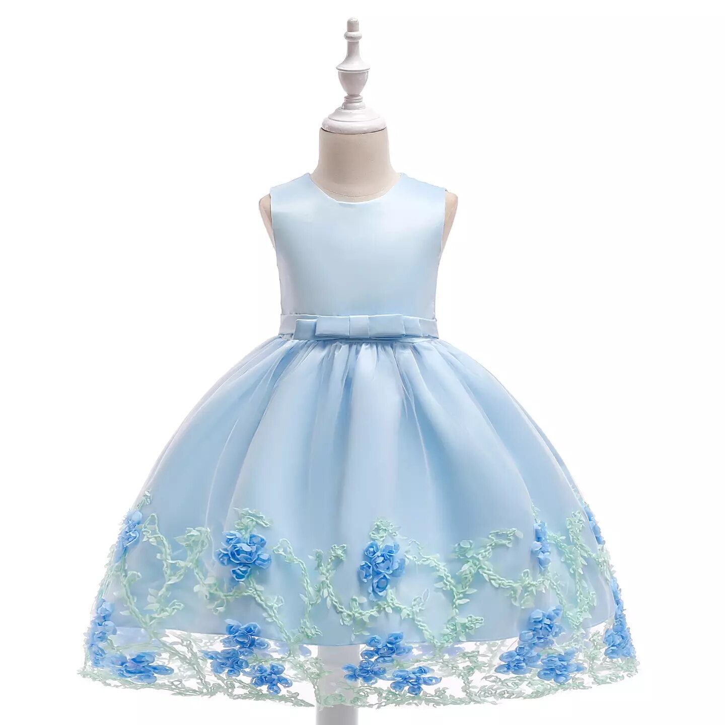Yeri Light Blue 3D Floral Satin Girls Party Dress - Knee Length Junior Bridesmaid & Birthday Dress